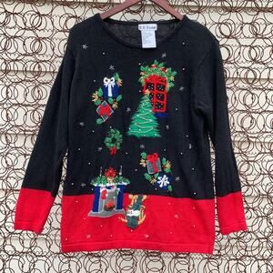 Vintage 90s gaudy ugly Christmas sweater cat fireplace MEDIUM